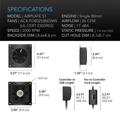 AC Infinity AC Infinity AIRPLATE S1 AV Cabinet Cooling System - 80mm Fan Component Cooling
